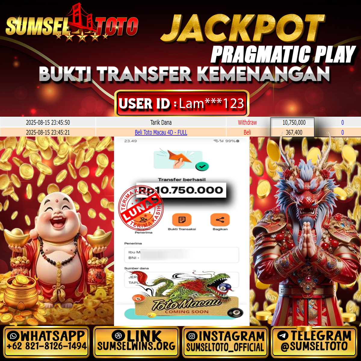 SUMSELTOTO JACKPOT TOTO MACAU 4D Rp.10,750,000.,- LUNAS